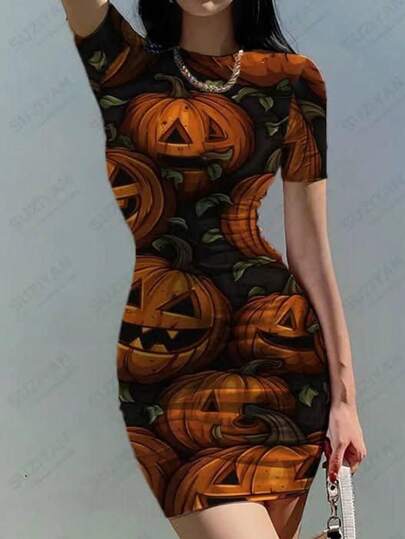 Vestido corto ajustado para dama unitalla 32 34 con estampado de calaveras coloridas y catrina floral ideal para Día de Muertos y Halloween, manga corta, mini vestido cómodo y femenino, prenda ligera de una sola pieza que estira ligeramente, no se transparenta, no se despinta al lavar, perfecto para fiesta temática, disfraces, reuniones, salidas nocturnas o uso casual, diseño llamativo que realza la silueta y combina con accesorios para un look único y original
