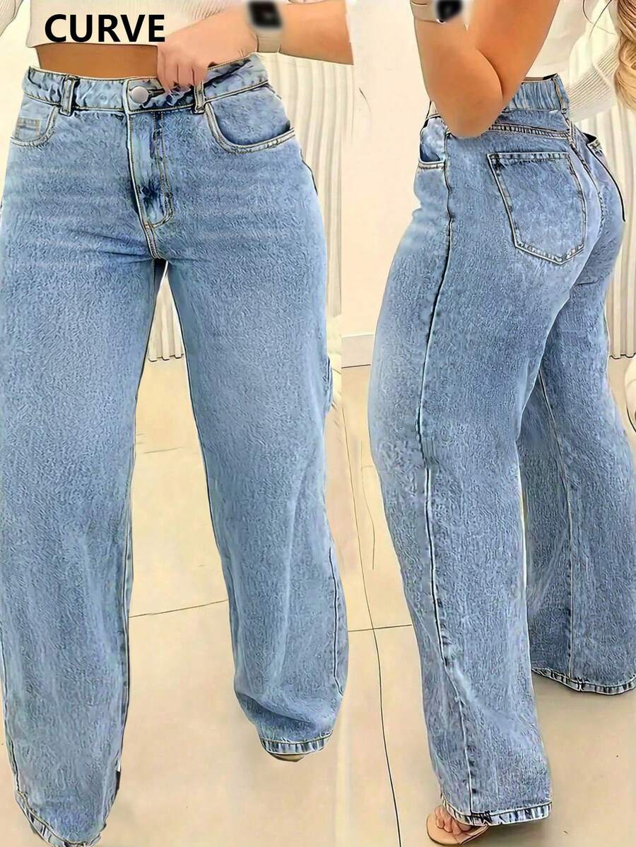 大码女式直筒牛仔裤，带口袋、纽扣和拉链细节，无弹力面料 - 中等水洗藍 - 查看 1