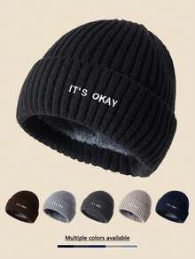 1pc Unisex "IT's OKAY" Embroidered Solid Color Knit Beanie, Men's Winter Thermal Lined Warm Cuffed Hat, Soft & Comfortable, Minimalist & Fashionable, Suitable For Cold Weather Winter Clothing - A - View 5