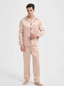 新款男士时尚休闲睡衣套装，秋冬服装 - 香檳色 - 查看 5