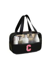 1个多功能PVC洗漱包，透明PVC化妆包，大容量化妆包，DIY字母设计化妆包，防水旅行收纳包，简约字母贴纸旅行化妆包，适用于化妆品、香水，适合海滩、学校、浴室、节日、母亲节、圣诞节等场合，是送给妈妈、家人、朋友的绝佳礼物，男女通用旅行洗漱包，浴室化妆包 - 黑色 - 查看 32