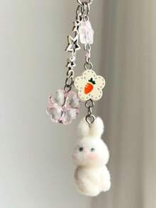 1pc Unisex Cartoon Flocked Rabbit Keychain, Cute Clover Pendant Accessory For Bag - Multicolor - View 3