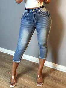 Women Fashion Vintage Washed Denim Pants Small Legs Button-Up Zipper Open Slim-Fit Stretchy Jeans - 中等水洗藍 - 查看 1