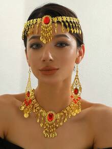 1 Set Glamorous Dance Earrings, Headdress, Necklace Combination, Shiny Gold Tassel Bridal Dance Accessories Set