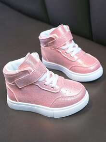 儿童平底防滑高帮休闲鞋，时尚百搭校鞋，休闲步行时尚童鞋，魔术贴扣合女童鞋 - 粉色 - 查看 5
