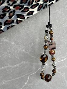 Retro Brown Leopard Print Cat Beaded Phone Lanyard, Elegant Short Wrist Strap Beaded Chain Camera Charm Pendant For Women - 棕黑色 - 查看 4