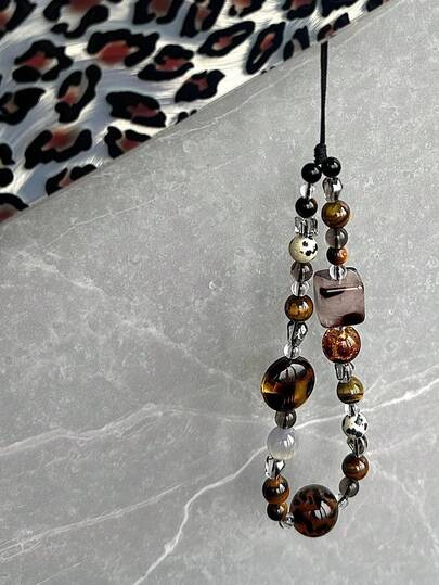 Retro braun Leopard Muster Katze Perlen Handykordel, elegante kurze Perlen Armband Kette Kamera Anhänger Anhänger für Frauen