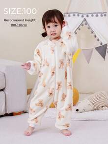 婴儿幼儿宝宝法兰绒分腿睡袋，四季皆宜，蓬松柔软，可爱小熊印花长袖连体睡袋，0-3岁 - 小熊 - 查看 9