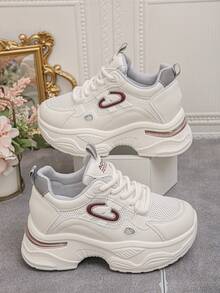 Women's Solid Color Thick Sole Sneakers With Front Tie Closure, Outdoor Tennis Shoes With Mesh Detailing, Khaki