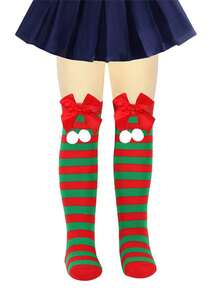 1 par de calcetines largos a la rodilla con rayas, pompones y moños para niñas y adolescentes en Navidad