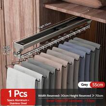 FOOKE 1pc Pull-Out Sliding Clothes Rack, Convenient And Fast, Multi-Functional Wardrobe Storage, With Painted Metal Clothes Hanger, Heavy Duty Adjustable Closet Hanging Rod, Space-Saving Aluminum Alloy Clothes Rack Rail, Suitable For Bedroom Closet, Apartment, Dorm - Grey - View 13