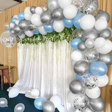 60 个蓝白色气球，10 英寸哑光蓝白银金属乳胶气球，带 1 条丝带和五彩纸屑气球，适合男孩、男士生日、婴儿洗礼、婚礼、订婚派对装饰 - 彩色 - 查看 4