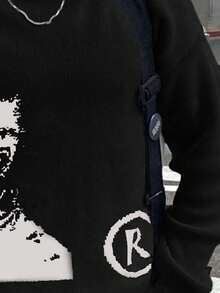 Jersey de punto con retrato y letra intarsia para hombre, de ajuste holgado casual, cálido y versátil, adecuado para primavera, otoño e invierno - Negro - Ver 5