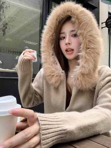 女士毛领连帽毛衣外套，韩版宽松针织上衣，小码版型，秋冬