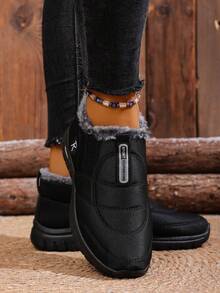 Women's Winter Fashion Casual Snow Boots (Please Note: The Shoes Are One Size Smaller. It Is Recommended To Buy One Size Larger.) - Solid Color, Comfortable And Easy-To-Wear Shoes, Suitable For Daily And Home Use, Round Toe Design, Textile Upper And Lining, Simple Style. - Black - View 3