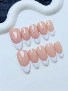 10pcs Handmade Press On Nails Almond,Simple Style,Mid-Length Nails, Handpainted White French Tip On Nude Color Nail Bed, Premium Acrylic False Nails, Suitable For Women And Girls Daily Wear, With Nail Accessories Press On Nails - trắng - Xem 2