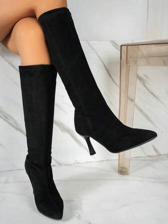 Women's Black High Heel Slip-On Elastic Mid-Calf Boots, New Autumn/Winter Style Pointed Toe Thigh High Boots, Faux Suede Material Knee-High Fashion Boots