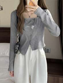 秋季女款独特设计不对称纽扣短款长袖T恤上衣 - 灰色 - 查看 3