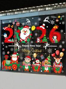Juego de pegatinas para ventanas navideñas, Feliz Navidad y Próspero Año Nuevo, pegatinas de Papá Noel, tren, copos de nieve y caja de regalo, pegatinas de PVC removibles para ventanas navideñas, decoraciones navideñas, pegatinas para ventanas con temática de tren navideño, pegatinas decorativas de Papá Noel y renos - Multicolor - Ver 4