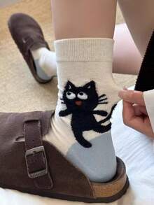 4 Pairs Autumn New Cute Cartoon Cat Heel Design Versatile Stylish Mid-Calf Socks