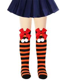 1 par de calcetines largos a la rodilla con rayas, pompones y moños para niñas y adolescentes en Navidad