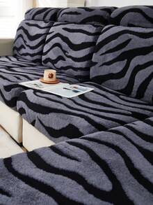 1 pieza Funda de cojín de sofá antiensuciamiento de tela suave y esponjosa con estampado de cebra, tela de jacquard de felpa gruesa con contraste de colores negro y gris, adecuada para cubrir el respaldo, 1/2/3/4 plazas o chaise longue de sofá en otoño/invierno