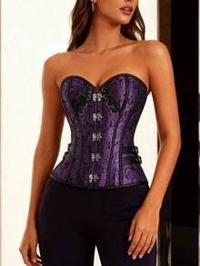 Top corset steampunk, gaine amincissante, boucle latérale, bustier à fermeture éclair jacquard vintage, style gothique à laçage dans le dos, corset ajusté pour le bal masqué - Prune - Voir 12