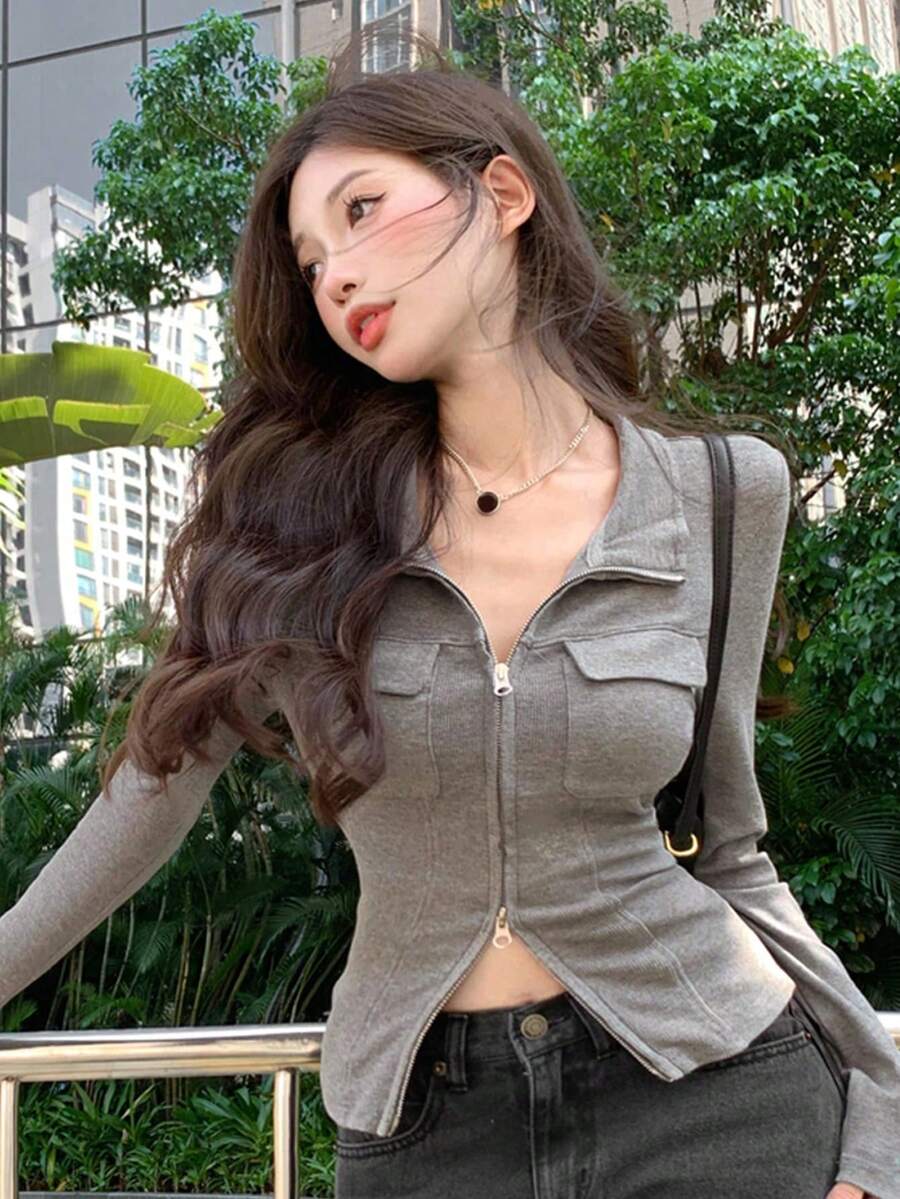 Women's Casual Versatile Minimalist V-Neck Double Zipper Long Sleeve T-Shirt Spring - Grey - View 1
