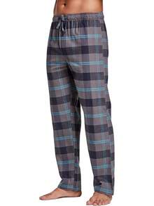 Men's 100% Cotton Super Soft Flannel Plaid Pajama Pantshalloween - 灰色海軍格子 - 查看 4
