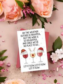 1 pieza Tarjeta de Navidad divertida con copas de vino - Gorros de Papá Noel, cita festiva "Déjalo fluir" - Papelería elegante de vacaciones para regalos de Navidad, fiestas, amantes del vino - Incluye sobre rojo a juego - Tarjeta de felicitación de papel premium, saludos de temporada, sobre resistente, organizadores de fiestas