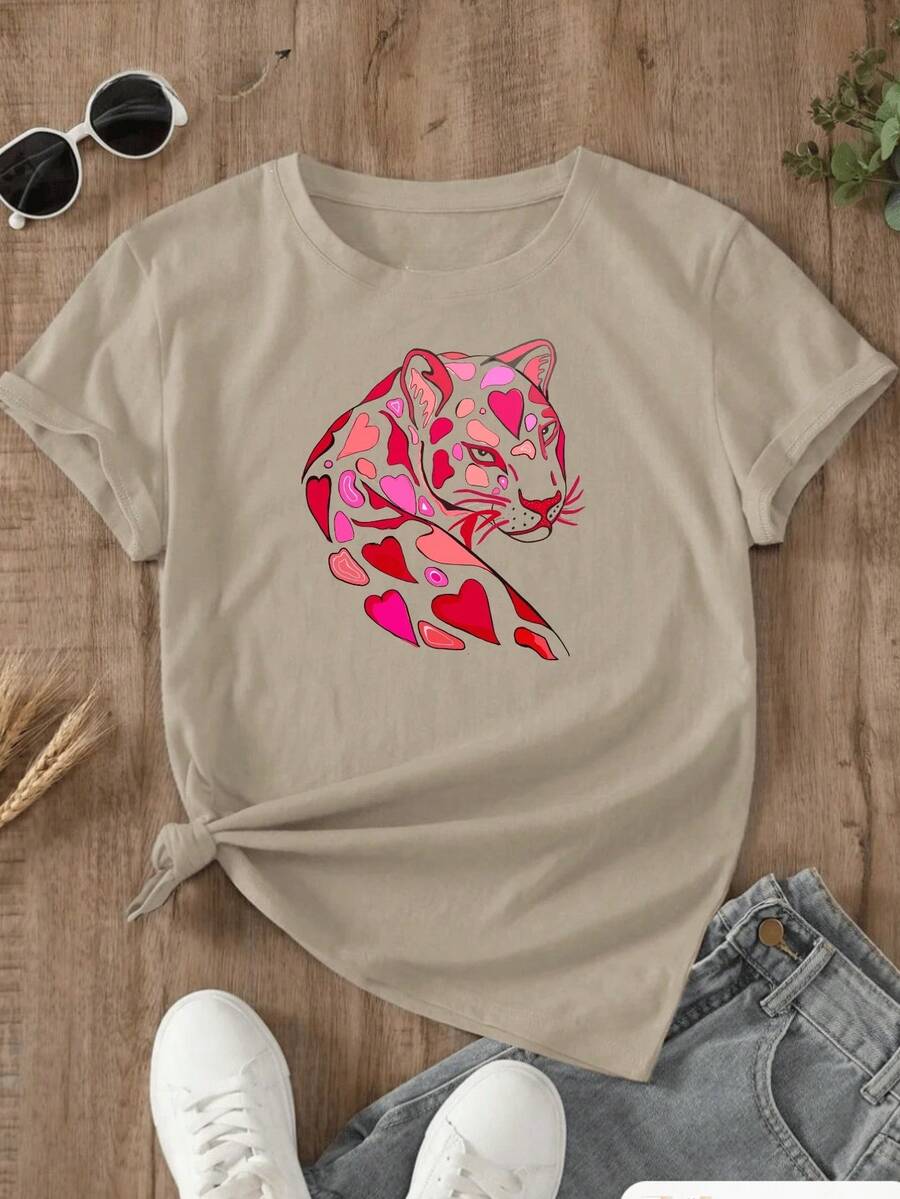 Women's Spring T-Shirt With "LOVE PANTHER" Print, Modern And Comfortable - Beige - View 1