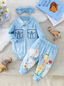 3件套女婴翻领仿口袋上衣、卡通动物印花裤子+头带 - 藍白色 - 查看 1