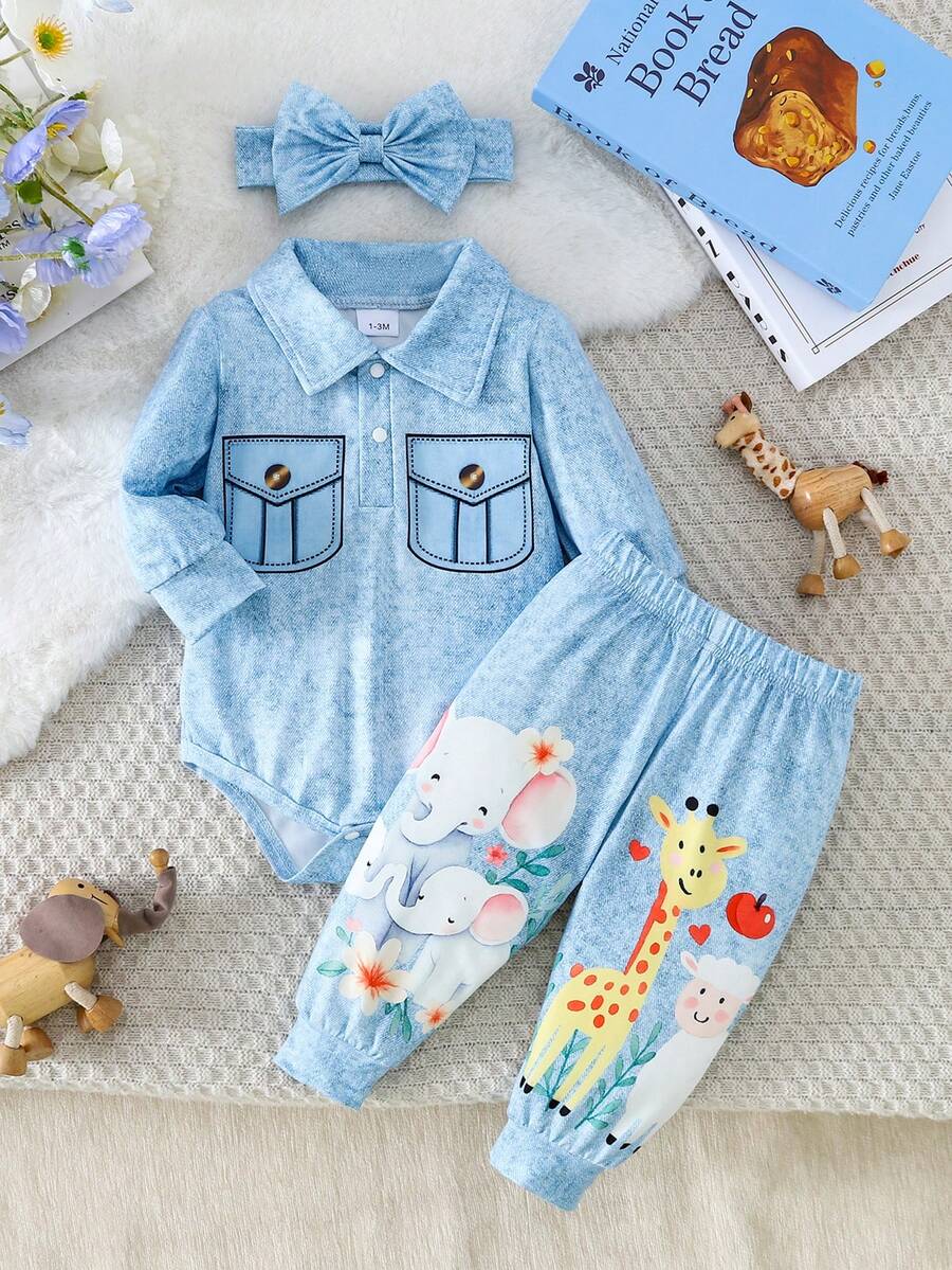 3件套女婴翻领仿口袋上衣、卡通动物印花裤子+头带 - 藍白色 - 查看 1
