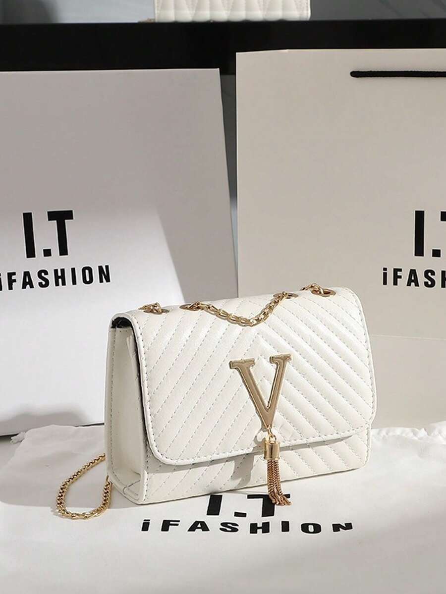 Bolso de mujer 2025 Nueva moda Bolso de hombro con bordado a rayas y decoración de borla en forma de V Bolso cruzado Disponible para dropshipping.