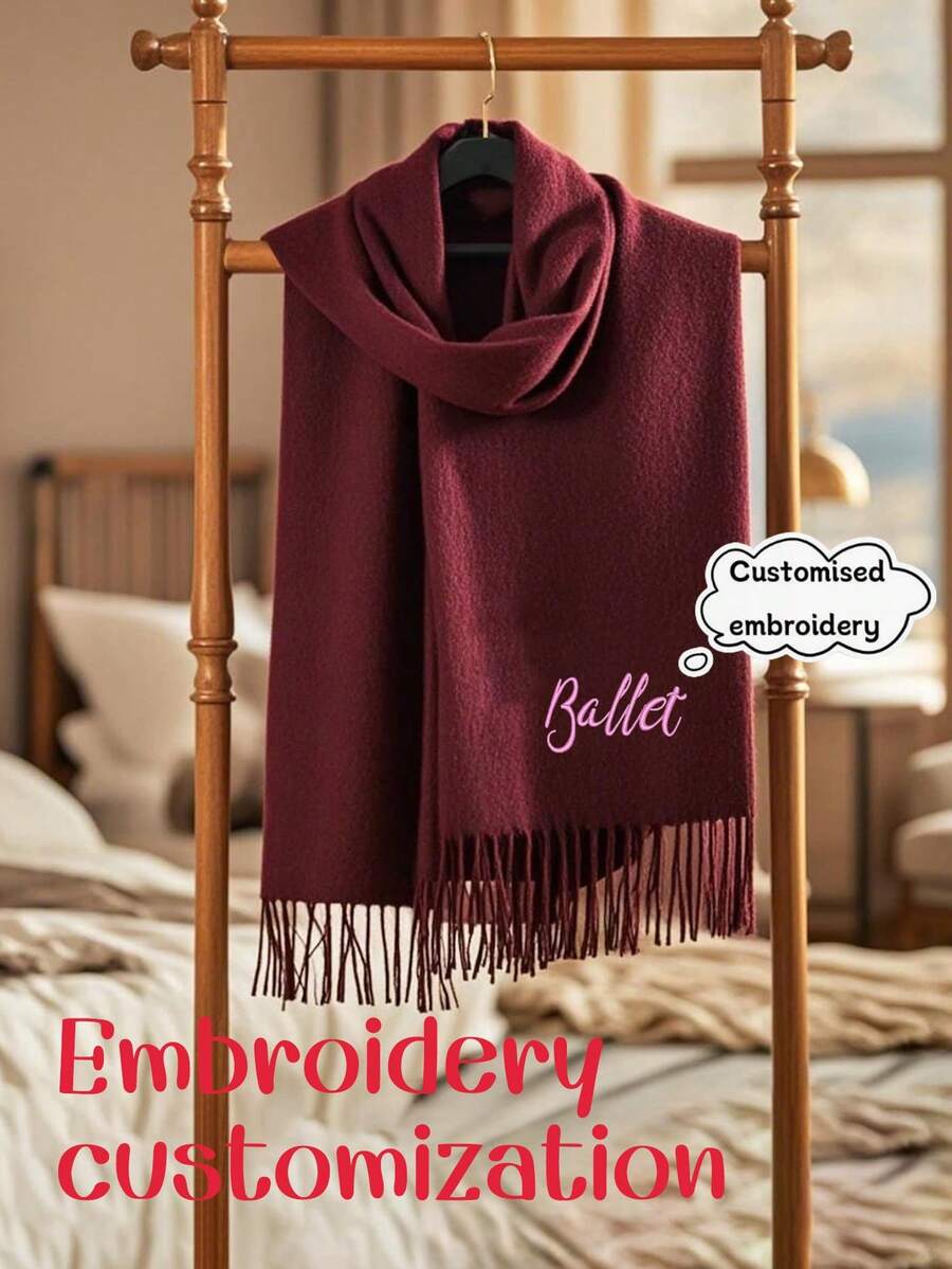1pc Personalized Embroidered Cashmere Scarf For Women, Soft & Comfortable Solid Color Scarf, Mid-Length Shawl Wrap Warm Neck Gaiter, Suitable For Daily Wear, Gift For Family & Friends, Ideal For Christmas, Halloween - Multicolor - View 1
