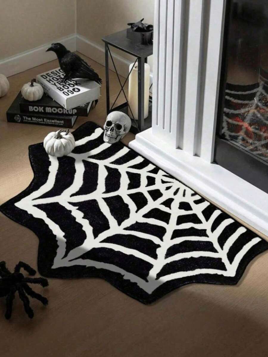 1 pieza Alfombra de telaraña, antideslizante, adecuada para la puerta principal, sala de estar, dormitorio, baño, decoración del hogar, decoración de Halloween, decoración de terror, alfombra lavable