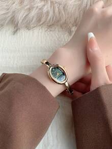 1件装女士优雅椭圆形设计绿色表盘银色和金色时尚休闲手镯手表 - 金色 - 查看 2