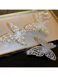 1pc Women's Gold Crystal Faux Pearl Hair Claw Barrette, Minimalist Elegant Butterfly Large Metal Hair Clip Winter Hair Accessories Fashion Hair Clutch Elegant Claw Clips