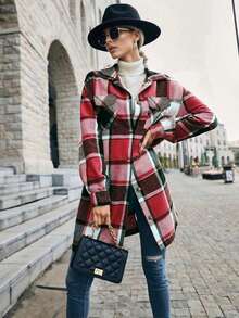 Áo sơ mi vải nỉ cài nút tay dài kẻ caro cho nữ, áo blouse công sở thường ngày, váy sơ mi dài vừa phải, dày dặn, thời trang mùa xuân/thu, quần áo mùa thu - Đỏ - Xem 2