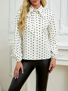Women's Elegant Polka Dot Print Bowknot Collar Long Puff Sleeve Blouse, Fashion Top For Spring, Summer, Autumn, Machine Washable, Fitted Style, Delicate Appearance, Dot Tie-Front Button Up Casual Wear