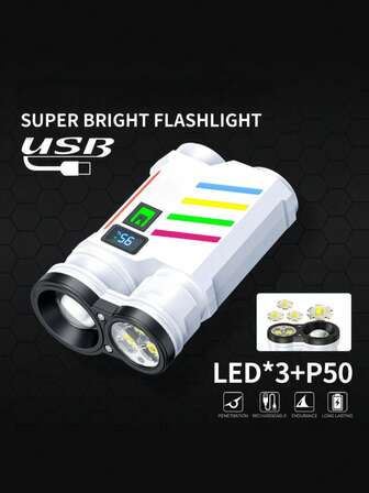 Multifunctional LED Flashlight Work Light Floodlight Spotlight With Fluorescent Strip Digital Display High Brightness Outdoor Camping Lamp USB Rechargeable Portable