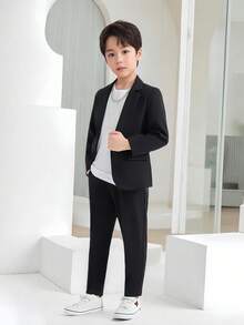 两件套年轻男孩西装休闲黑色夹克裤子适合生日派对家庭聚会春秋