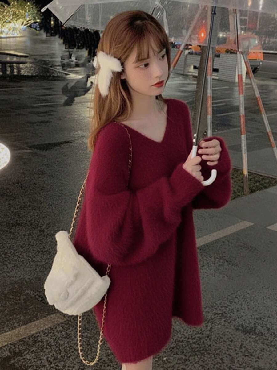 女式宽松V领长袖套头毛衣