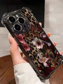 1pc Leopard Cherry Flowers Compatible With Apple Phone17/16/15/14/13/12/11/ProMax/Pro/Plus/Xs Max/XS/X,Four Corner Anti Fall Transparent Soft Shell Anti-Slip, Anti-Drop, Camera Lens Protection, Silicone Anti Wear Phone Case - Black - View 2