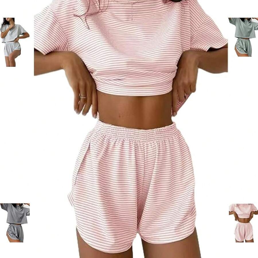 Split Short Pajama Set, Womens Striped Pajamas Set,Two Piece Set Striped Print Drop Shoulder Tee Wrap Split Shortshalloween - Pink - View 1