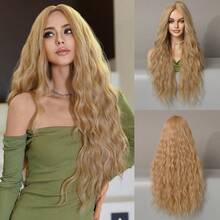7JHH WIGS 28 Inch Loose Long Wave Blonde Wig For Fashion Women Gorgeous Middle Part Wavy Wig, Soft Synthetic Heat Resistant Fiber Hair Dark Golden Replacement Wigs For Girls Daily Wear, Music Festival Party Use - Gold - View 13