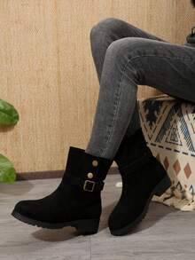 1 Pair Teen Boys Outdoor Autumn/Winter Fashion Casual Slim Retro British Style Pointed Toe Belt Buckle Short Ankle Boots - Black - View 7
