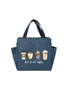 2pcs/Set Lunch Bag Insulated Bag, Printed Coffee Pattern Lunch Bag, With Black Cutlery Storage Bag, Double Pocket Lunch Box Bag, Large Capacity, Student Teacher Meal Insulated Cooler Bag, Portable Travel Picnic Bag, Office School Lunch Bag, Insulated Lunch Box, Work Lunch Box, Office Holiday Lunch Box, Multifunctional Camping School Lunch Box, Unisex, Back To School Gift