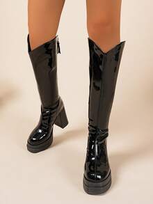 Women's Fashion Zipper Thick Heel Non-Slip Personalized Tall Boots, Knee-High Boots For Autumn/Winter - Black - View 6