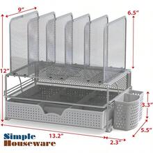 SimpleHouseware Mesh Desk Organizer with Sliding Drawer, Double Tray and 5 Upright Sections, Black - Plateado - Ver 4